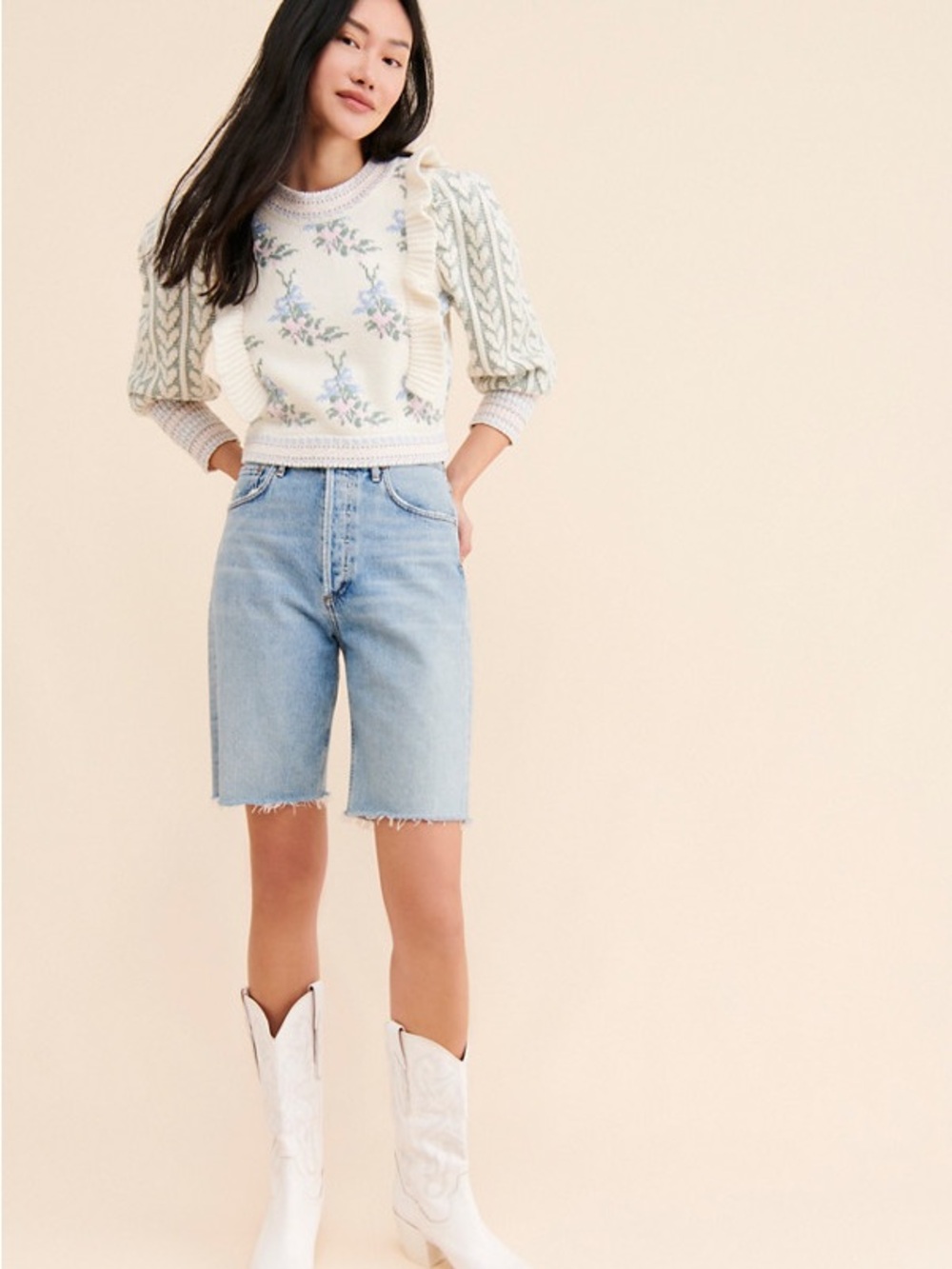 LoveShackFancy Cream Floral Puff-Sleeve Crewneck Sweater